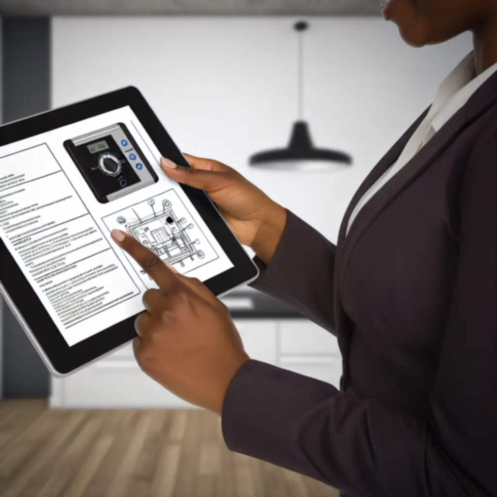 Gebruiker die een digitale producthandleiding op een tablet raadpleegt